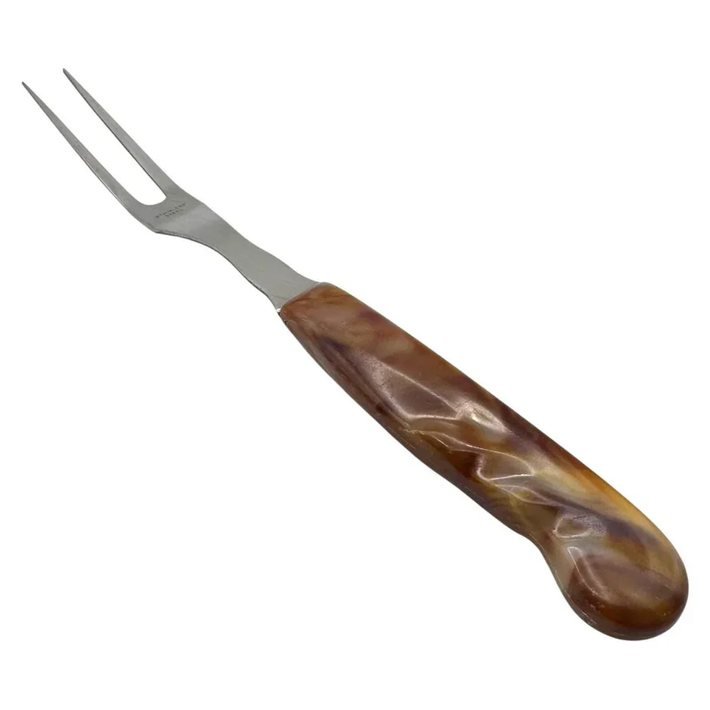 Vintage Stainless Steel Carving Fork Brown Marbled Swirl Handle MCM Meat Serving